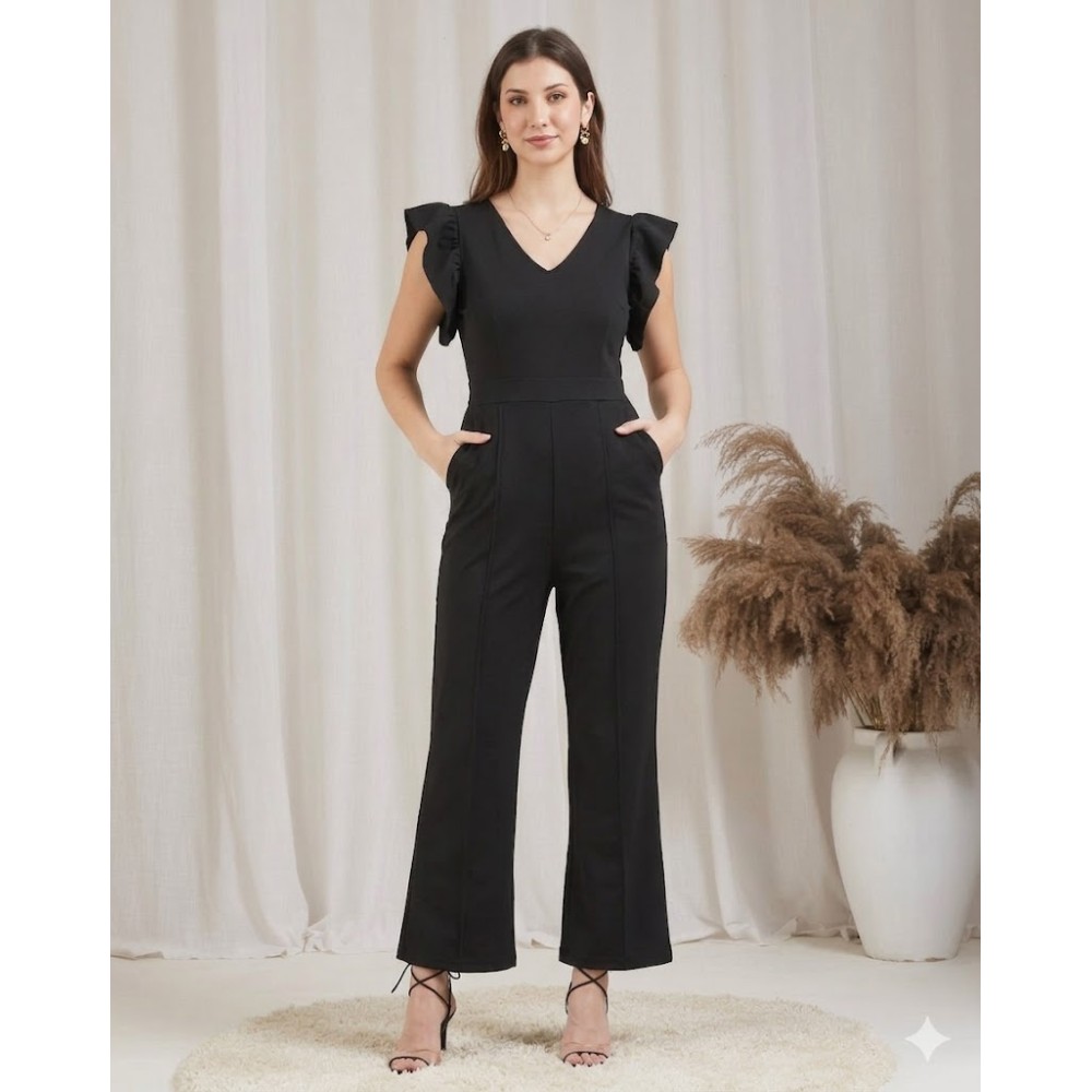 Elegant Black V-Neck Ruffle Sleeve Wide Leg Jumpsuit for Women