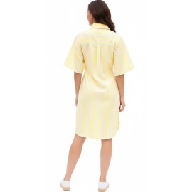 Kibo Casual Women's Multi Cotton Stripes Collar Neck Shirt Dress - Yellow/White