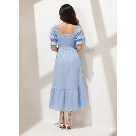 Light Blue Gingham Puff Sleeve Midi Dress
