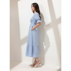 Light Blue Gingham Puff Sleeve Midi Dress
