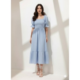 Light Blue Gingham Puff Sleeve Midi Dress