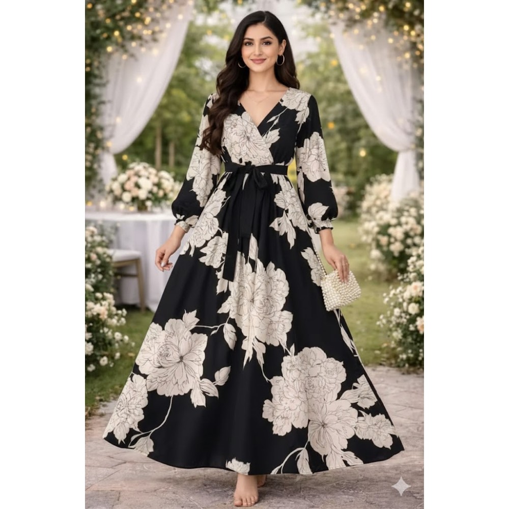 Black Floral Maxi Dress with Belted Waist