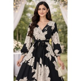 Black Floral Maxi Dress with Belted Waist