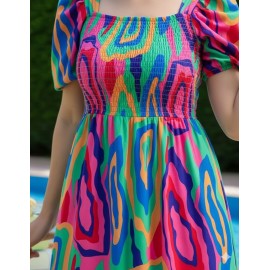 Vibrant Psychedelic Print Tiered Midi Dress
