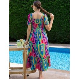 Vibrant Psychedelic Print Tiered Midi Dress