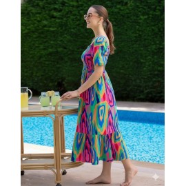 Vibrant Psychedelic Print Tiered Midi Dress