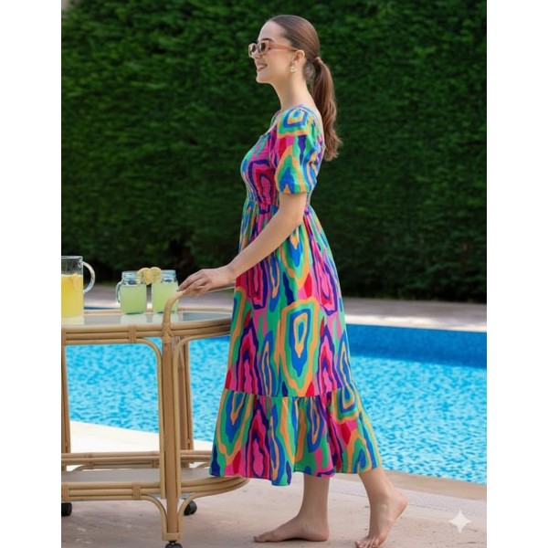 Vibrant Psychedelic Print Tiered Midi Dress