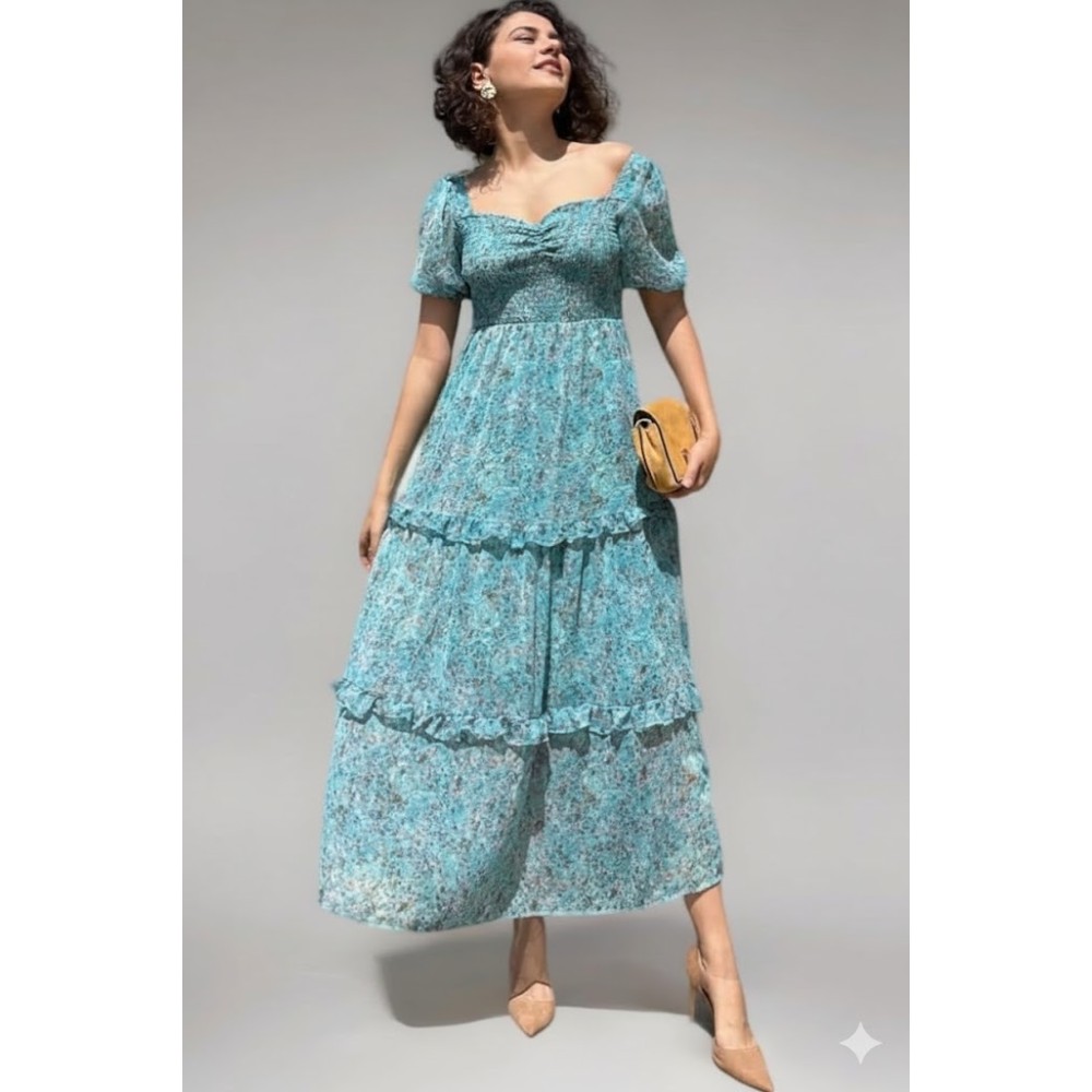 Turquoise Floral Smocked Tiered Maxi Dress with Puff Sleeves