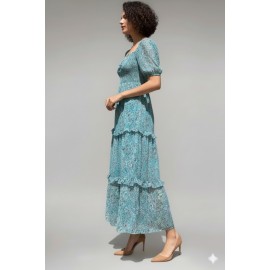 Turquoise Floral Smocked Tiered Maxi Dress with Puff Sleeves