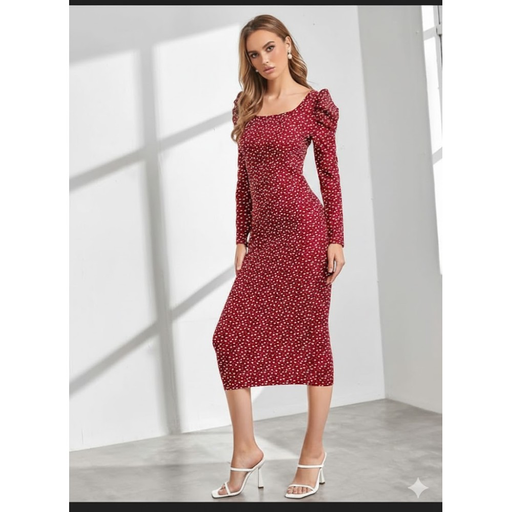 Women's Floral Print Puff Sleeve Bodycon Midi Dress