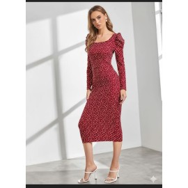 Women's Floral Print Puff Sleeve Bodycon Midi Dress