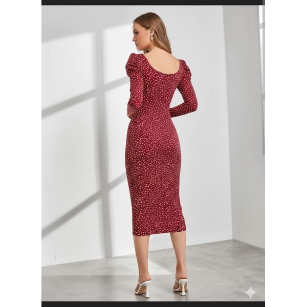 Women's Floral Print Puff Sleeve Bodycon Midi Dress