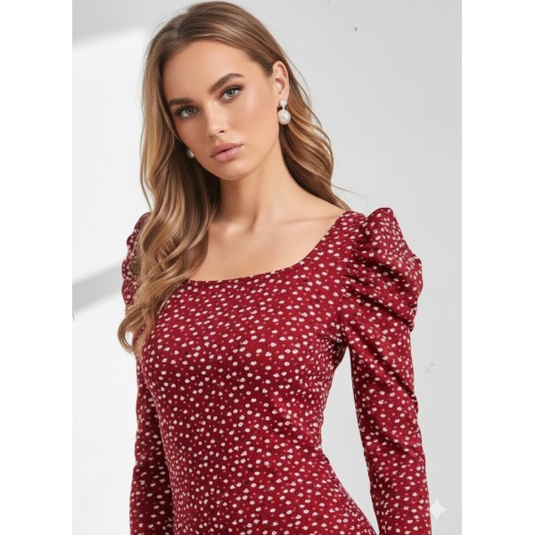 Women's Floral Print Puff Sleeve Bodycon Midi Dress