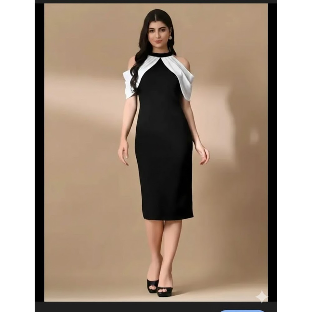 Women's Black & White Cold Shoulder Halter Neck Bodycon Midi Dress