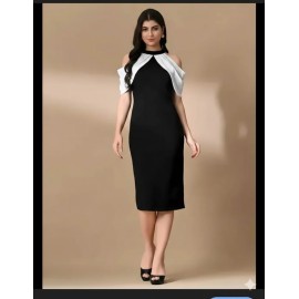 Women's Black & White Cold Shoulder Halter Neck Bodycon Midi Dress