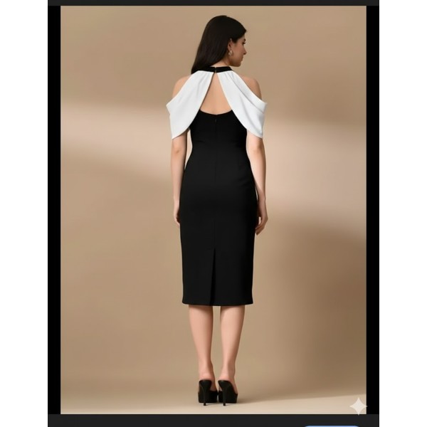 Black and White Cold Shoulder Halter Neck Draped Dress for Women