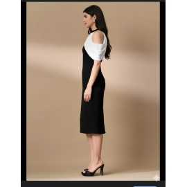 Women's Black & White Cold Shoulder Halter Neck Bodycon Midi Dress