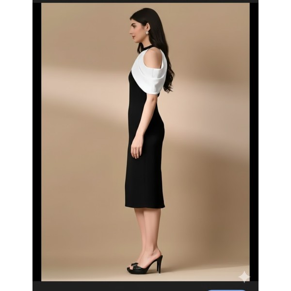 Black and White Cold Shoulder Halter Neck Draped Dress for Women