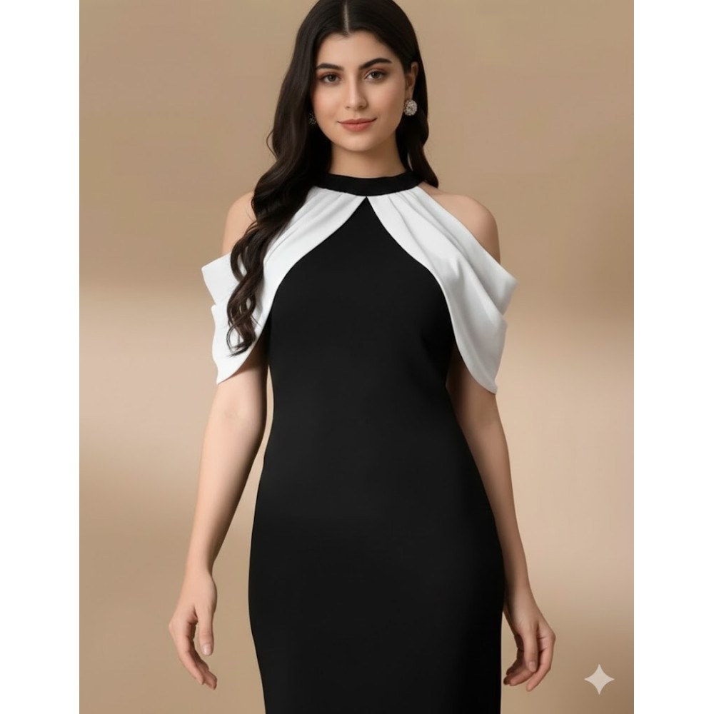 Black and White Cold Shoulder Halter Neck Draped Dress for Women