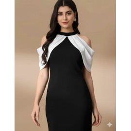 Women's Black & White Cold Shoulder Halter Neck Bodycon Midi Dress