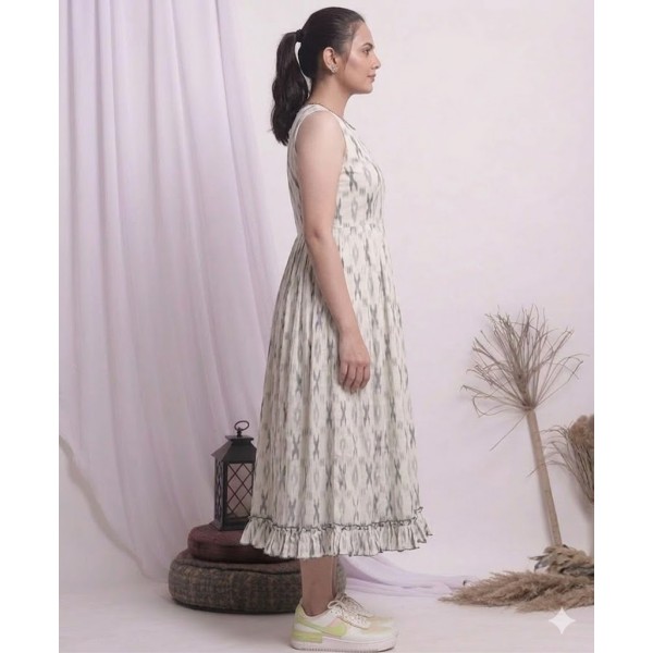 Women's Ikat Print Flared Maxi Dress with Ruffle Hem