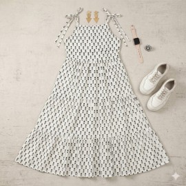 Women's White Black Block Print Tiered Midi Dress with Tie-Up Straps