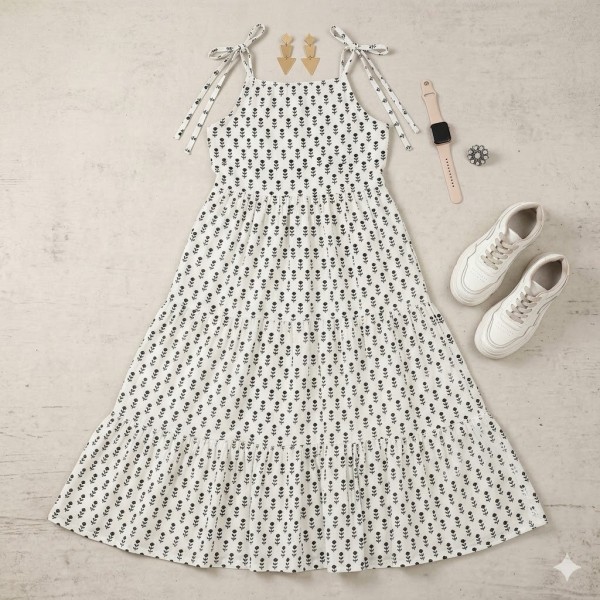 Women's White Black Block Print Tiered Midi Dress with Tie-Up Straps