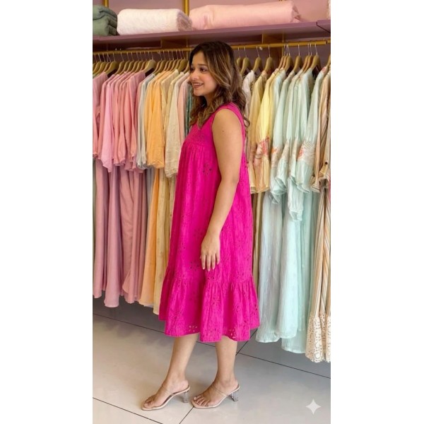 Hot Pink Schiffli Embroidered Midi Dress