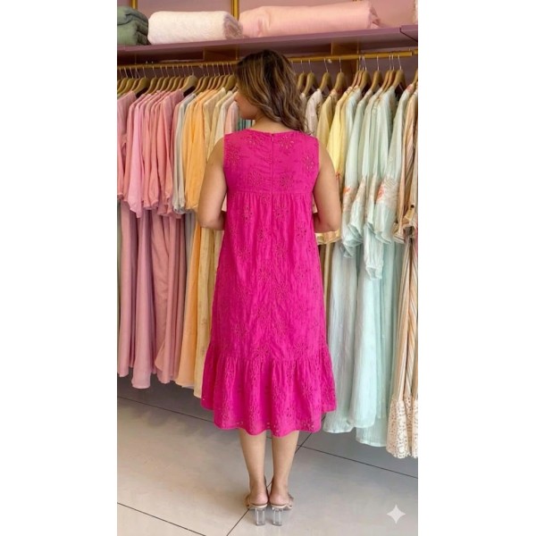 Hot Pink Schiffli Embroidered Midi Dress