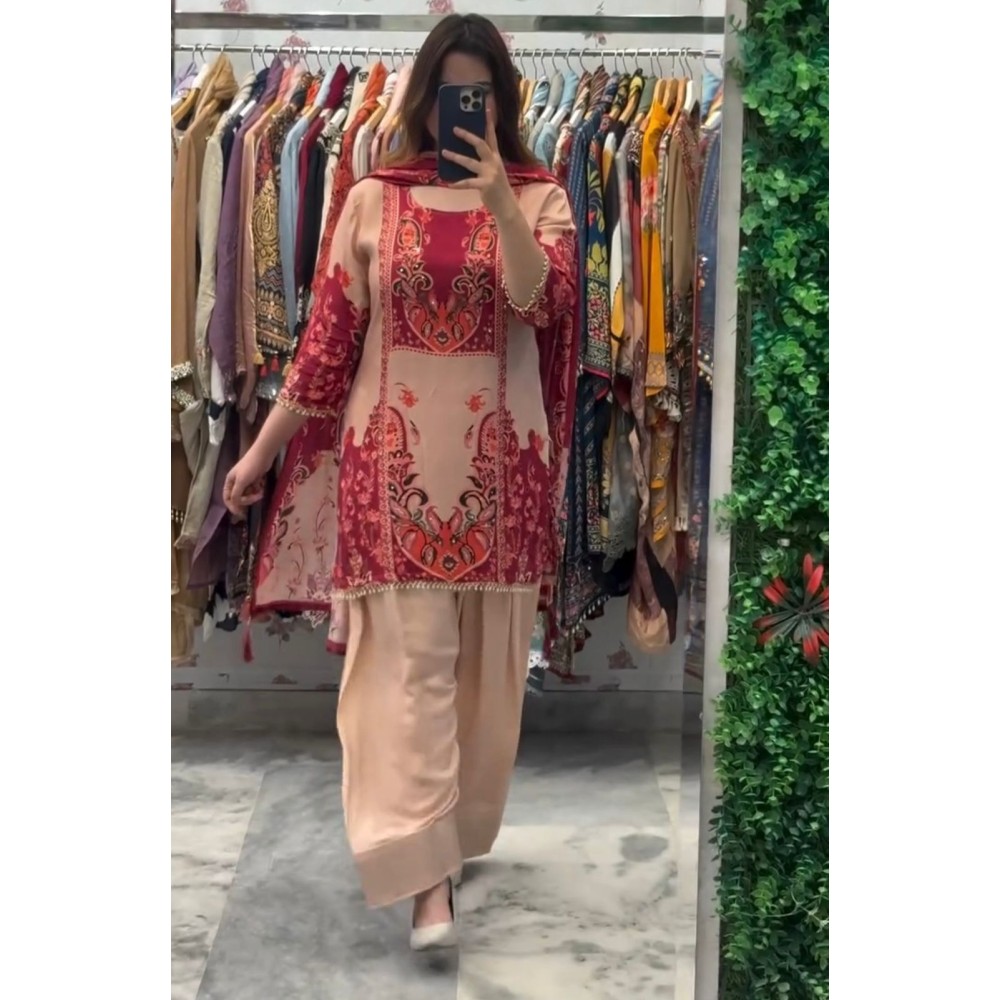 French Crepe Silk Top-Bottom & Dupatta Set 