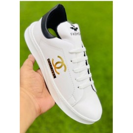White Fashion Sneakers for Men Women | Gold Logo Casual Shoes | Velcro Strap