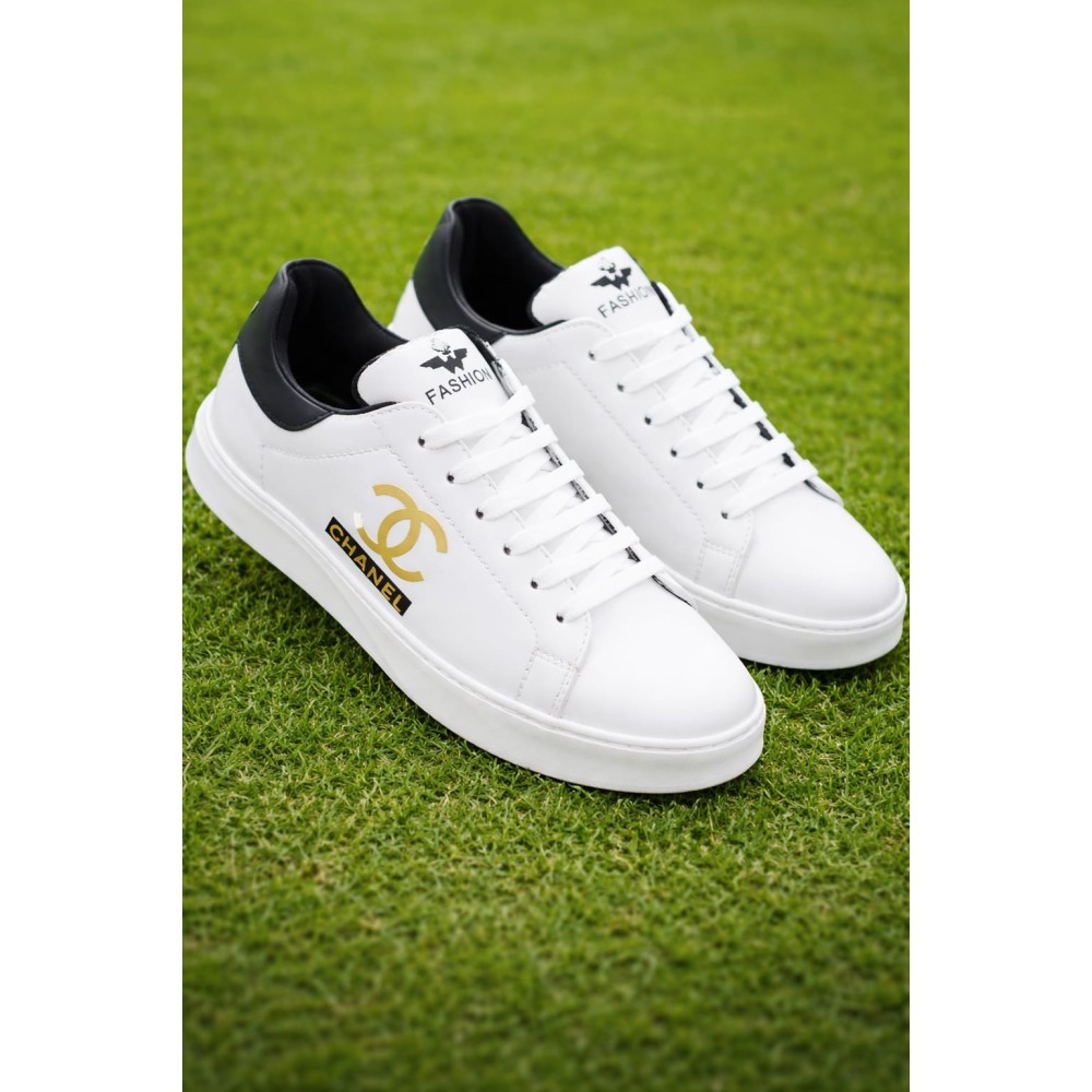 White Fashion Sneakers for Men Women | Gold Logo Casual Shoes | Velcro Strap