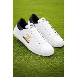 White Fashion Sneakers for Men Women | Gold Logo Casual Shoes | Velcro Strap