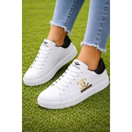 White Fashion Sneakers for Men Women | Gold Logo Casual Shoes | Velcro Strap