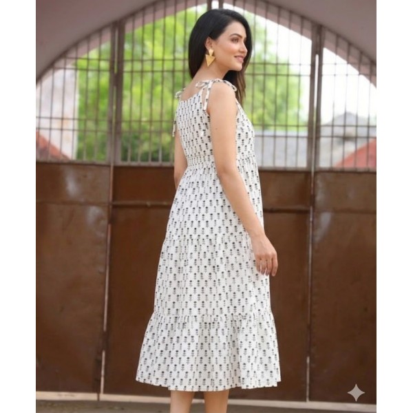 Women's White Black Block Print Tiered Midi Dress with Tie-Up Straps