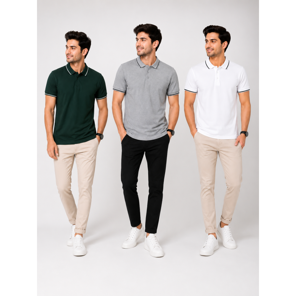 Biowash Organic Polo Combo Pack of 3 – Bottle Green, Grey Melange & White with Black Tipping
