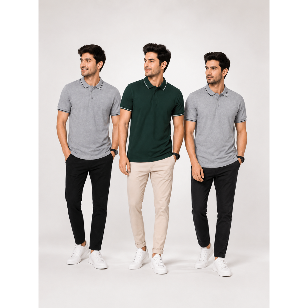 Biowash Organic Polo Combo Pack of 3 – Charcoal, Bottle Green & Grey Melange