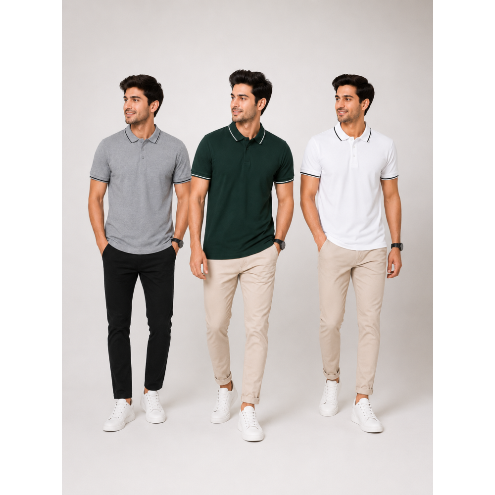 Biowash Organic Polo Combo Pack of 3 – Charcoal, Bottle Green & White with Black Tipping