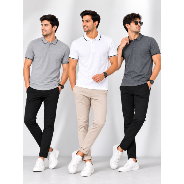 Biowash Organic Polo Combo Pack of 3 – Charcoal, Grey Melange & White with Black Tipping