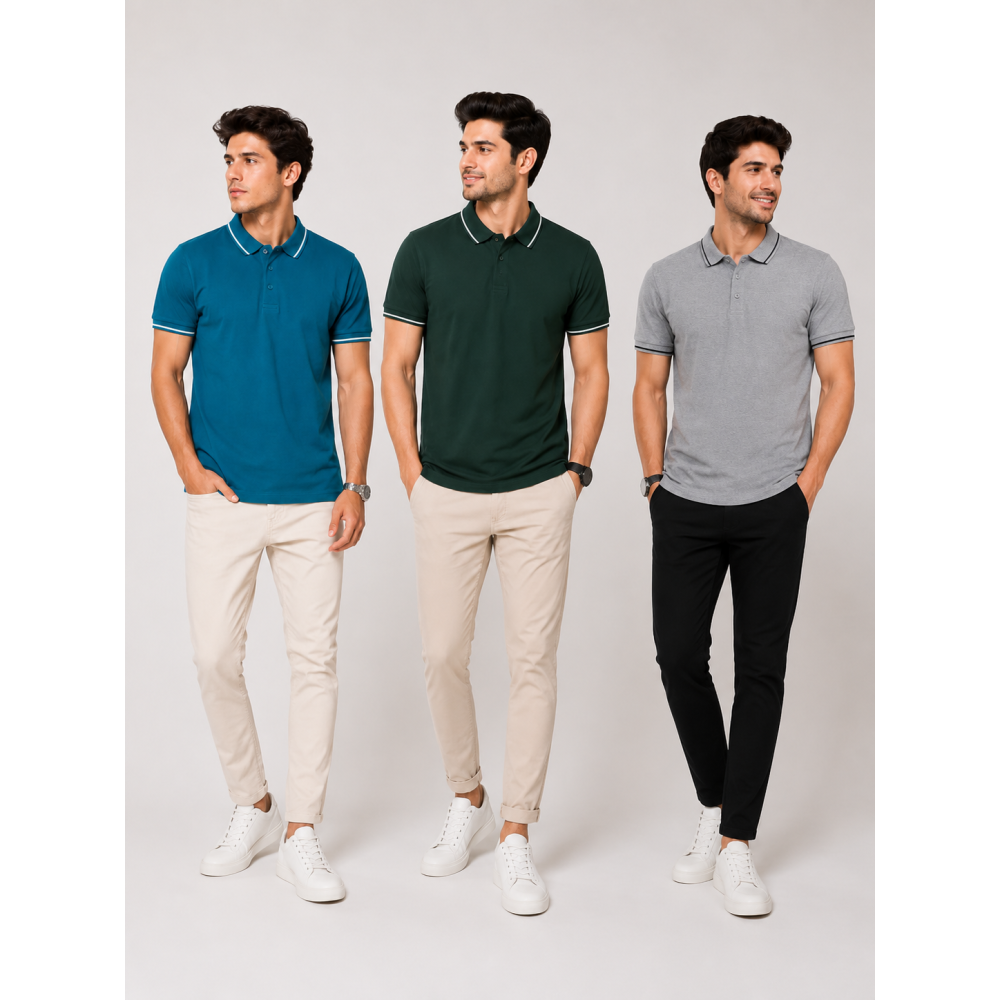 Biowash Organic Polo Combo Pack of 3 – E.Green, Charcoal & Bottle Green
