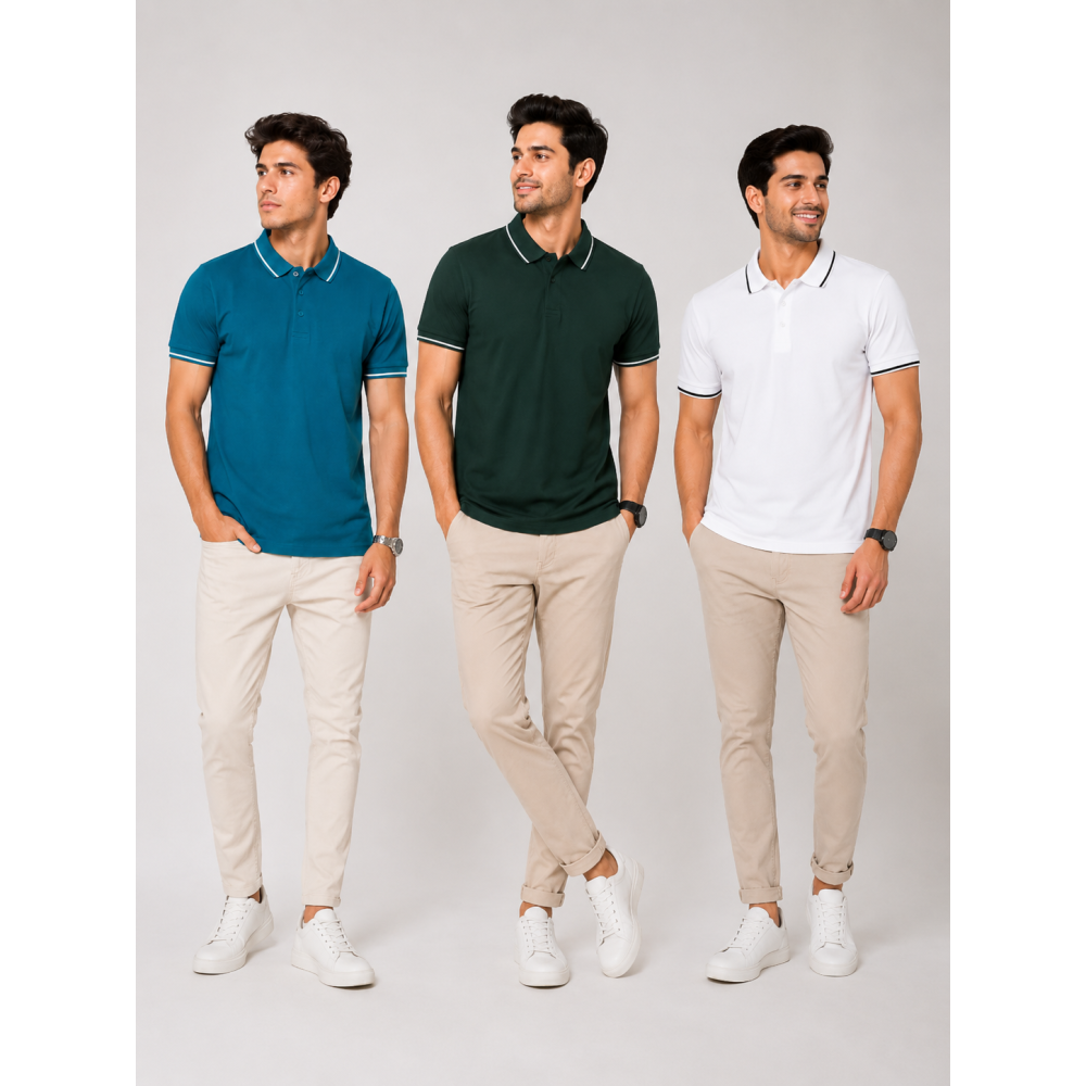Biowash Organic Polo Combo Pack of 3 – E.Green, Bottle Green & White with Black Tipping