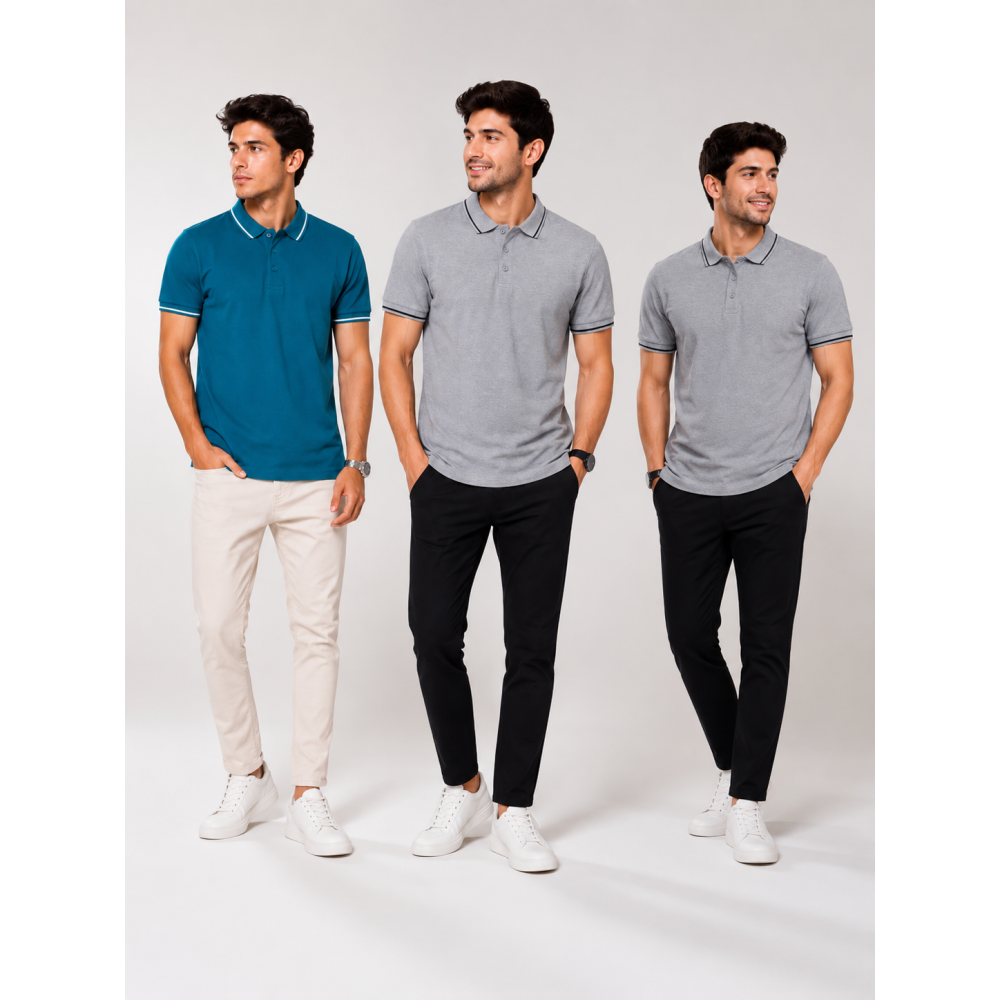 Biowash Organic Polo Combo Pack of 3 – E.Green, Charcoal & Grey Melange