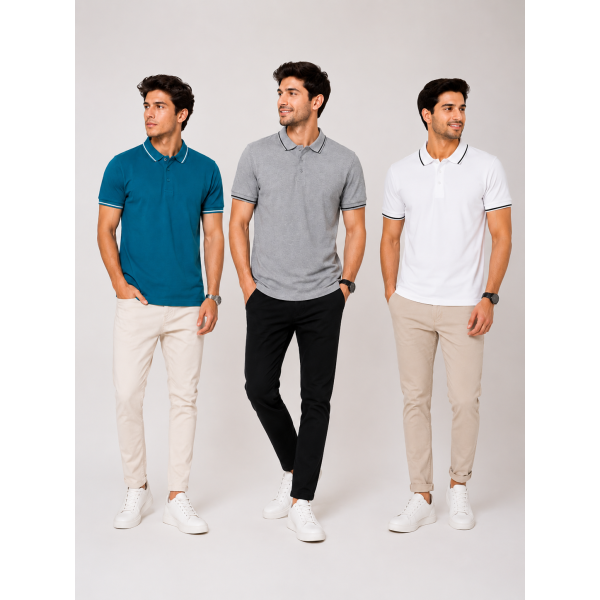Biowash Organic Polo Combo Pack of 3 – E.Green, Charcoal & White with Black Tipping