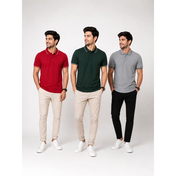 Biowash Organic Polo Combo Pack of 3 – Red, Bottle Green & Grey Melange