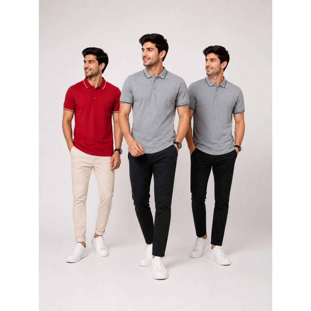 Biowash Organic Polo Combo Pack of 3 – Red, Charcoal & Grey Melange