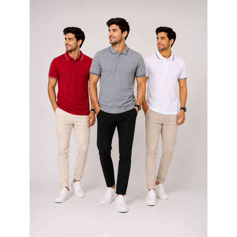 Biowash Organic Polo Combo Pack of 3 – Red, Charcoal & White with Black Tipping