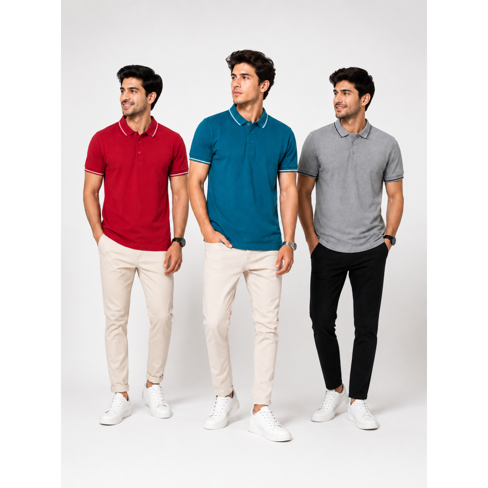 Biowash Organic Polo Combo Pack of 3 – Red, E.Green & Grey Melange