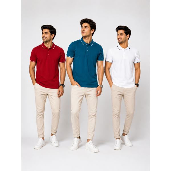 Biowash Organic Polo Combo Pack of 3 – Red, E.Green & White with Black Tipping