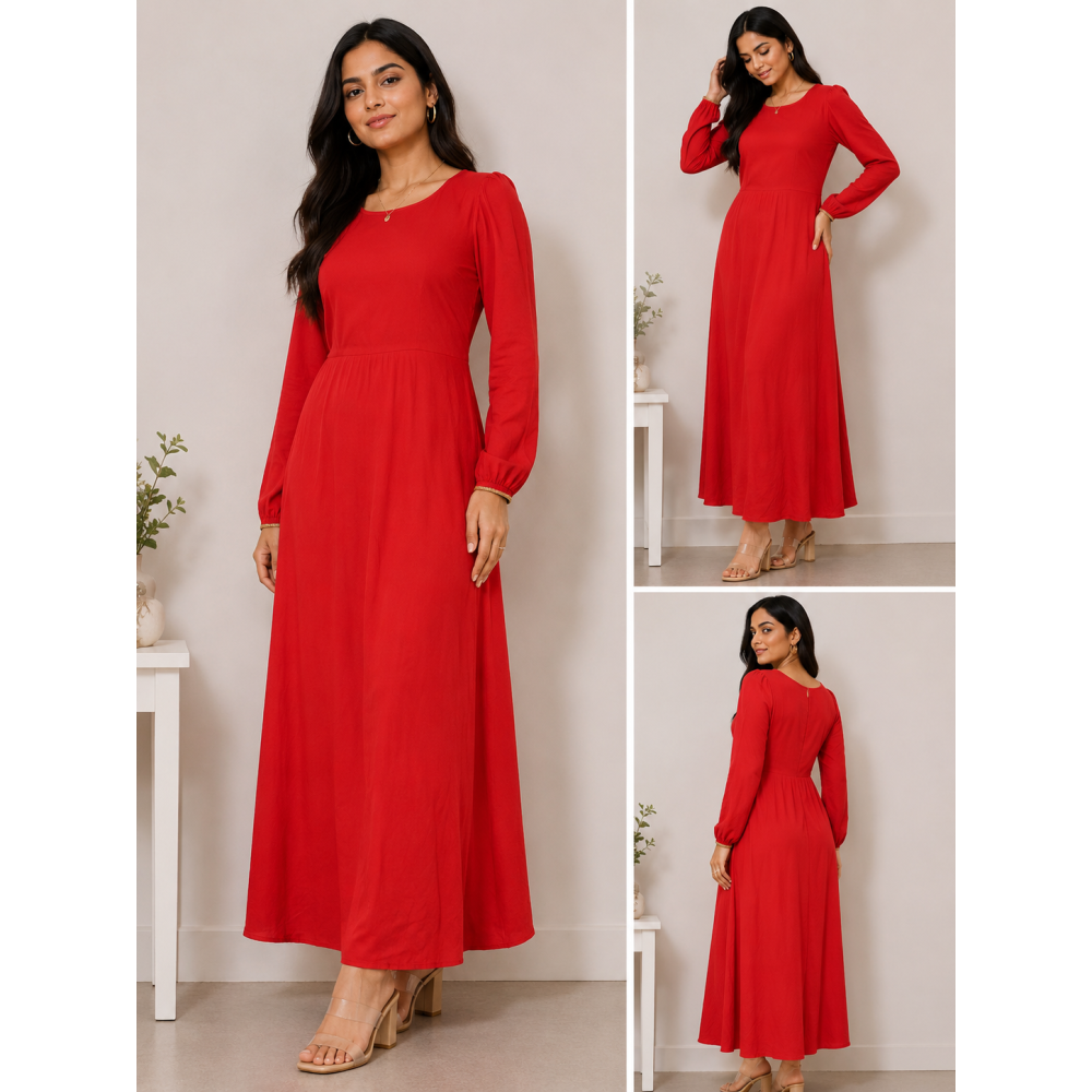 Women's Red Solid Long Sleeve Maxi Dress