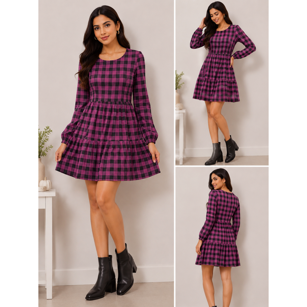 Women's Purple Checkered Long Sleeve Tiered Mini Dress